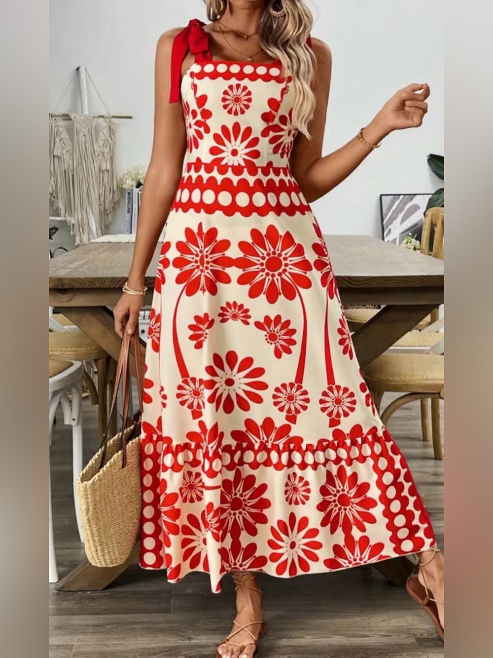 Red Print Tie Shoulder Maxi Dress Tiered Sz S 2 4